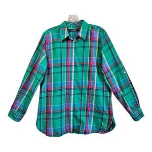 LAUREN RALPH LAUREN Women M Shirt Button Up Plaid Green Blue Roll Tab Sleeve 40"
